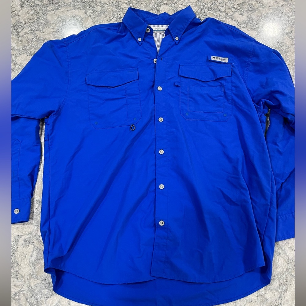 Columbia PFG Performance Long Sleeve Button Blue Large